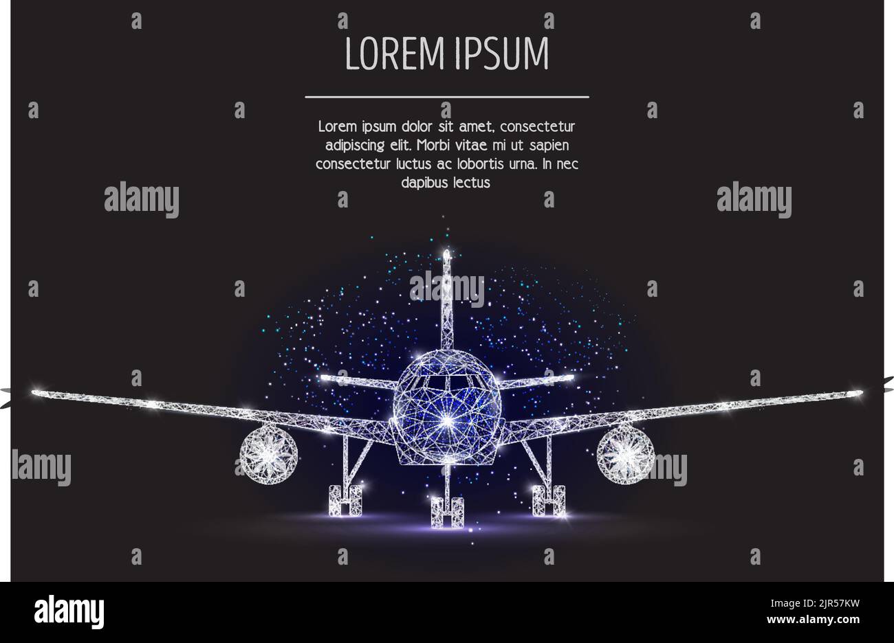 Vector polygonal art style airliner. Airplane low poly wireframe mesh with scattered particles and light effects on dark blue background. Card poster Stock Vector
