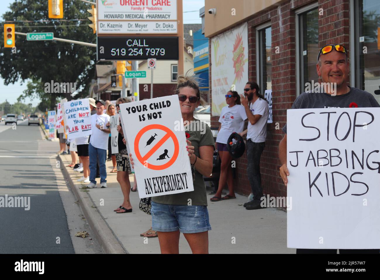 Anti vaccine protest at a Howard avenue clinic Windsor Ontario Stock Photo