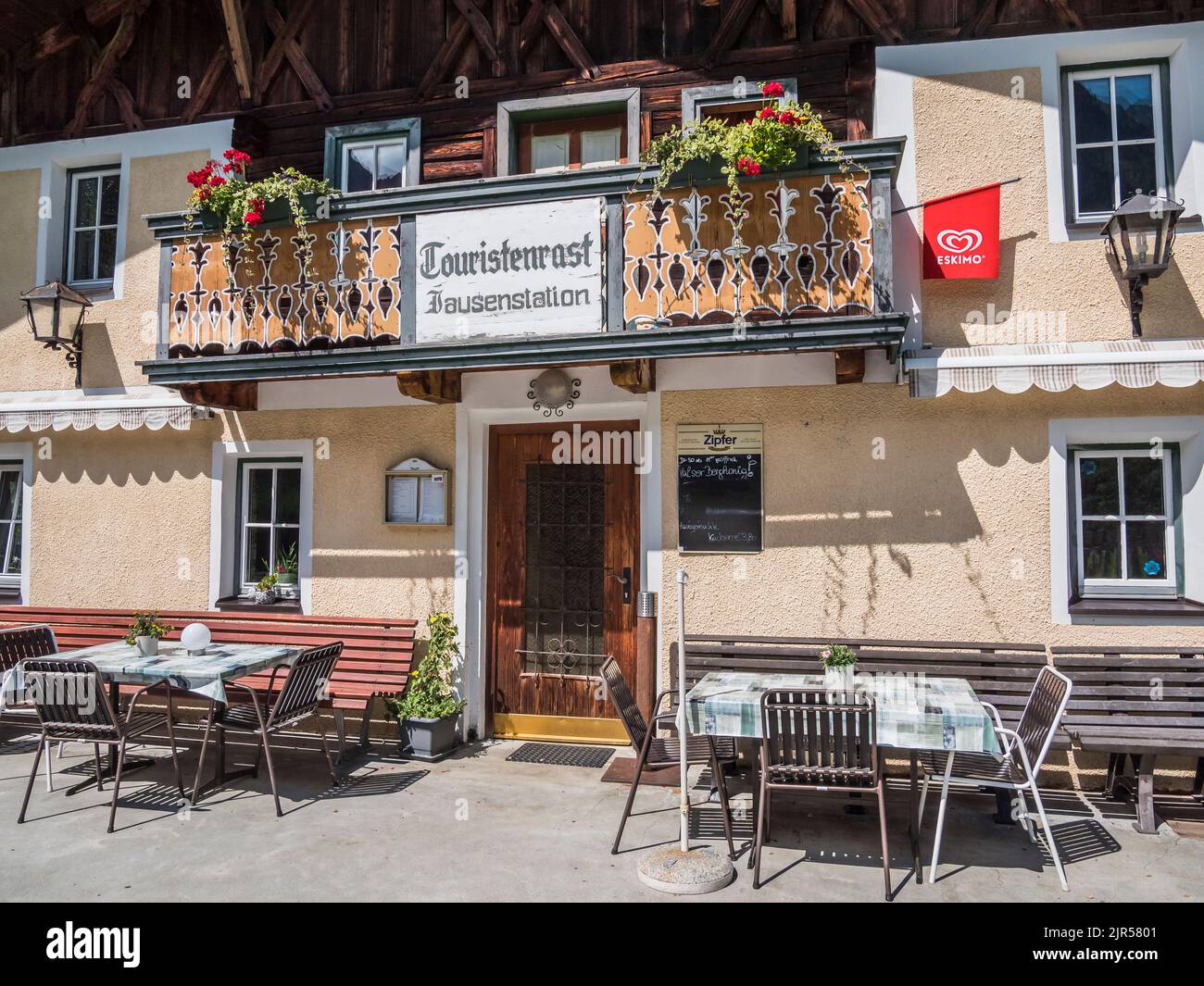 The image is of Touristenrast Gasthof at the head of the Valsertal valley in the Zillertal mountains of the Austrian Tirol. Stock Photo