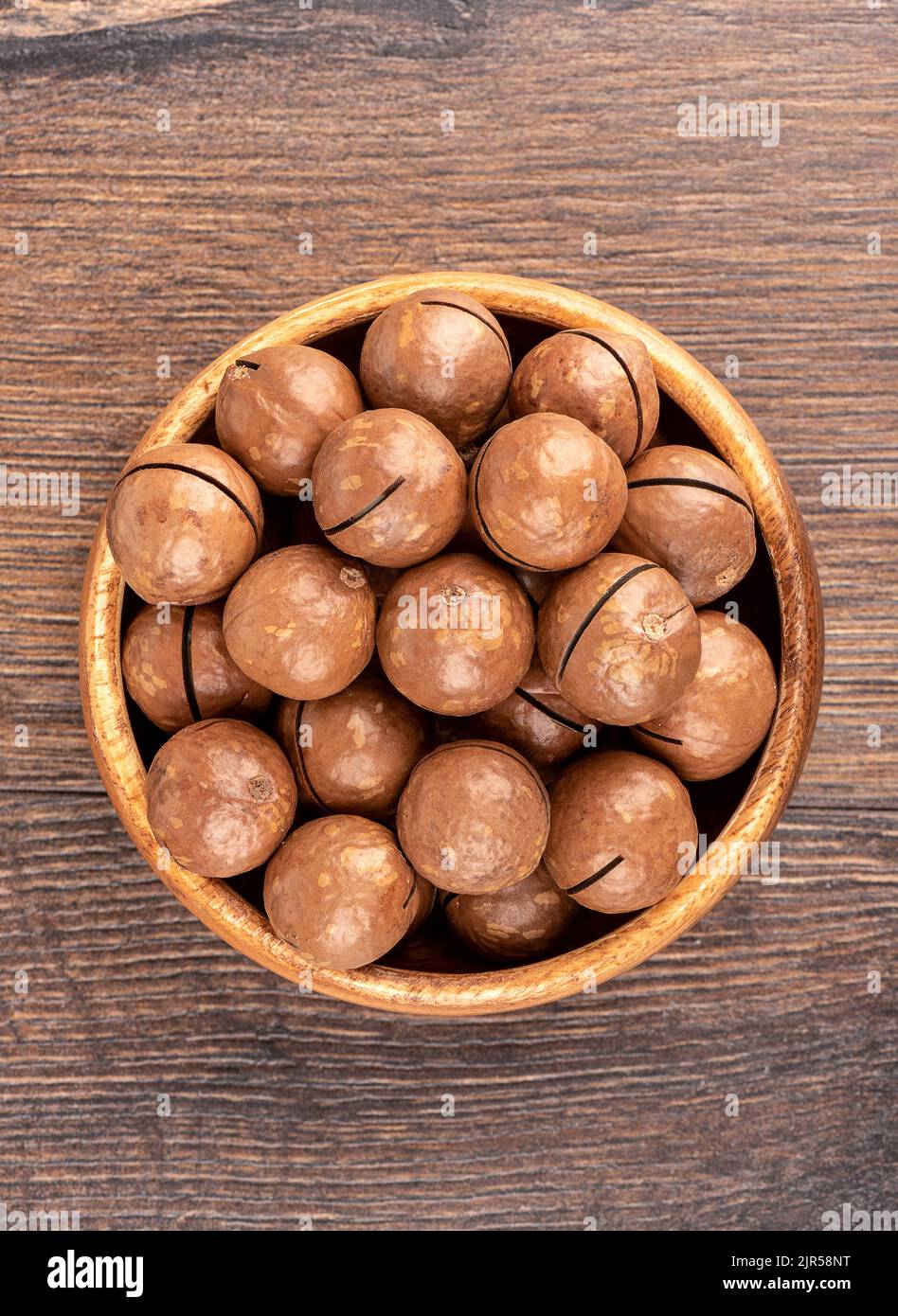 Top view of a bowl full of macadamia nuts. Macadamia is a genus of