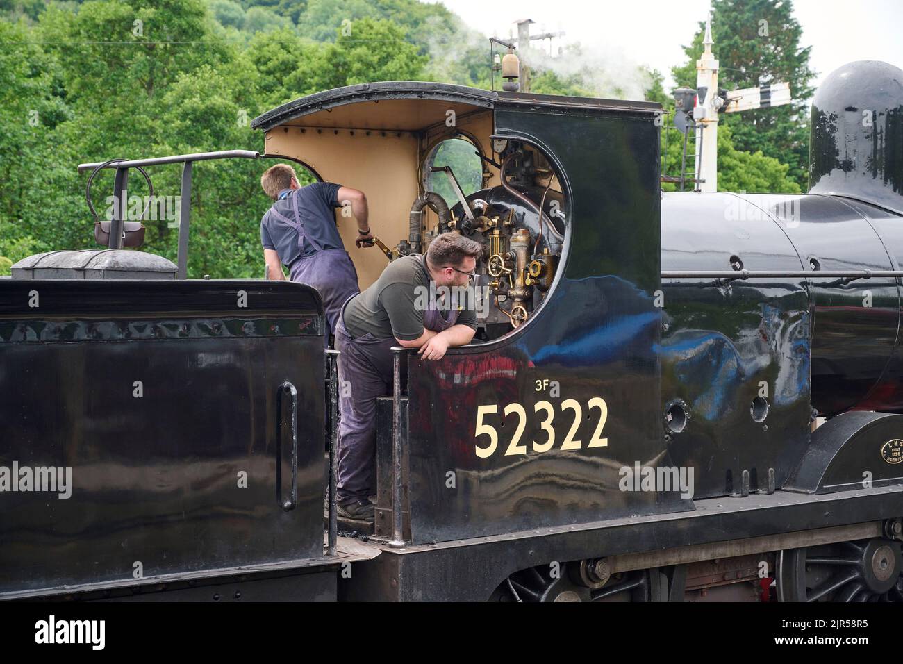 Driver and Fireman on a Steam train on the Embsay Steam Railway, near Skipton, Yorkshire Dales, Northern England, UK Stock Photo