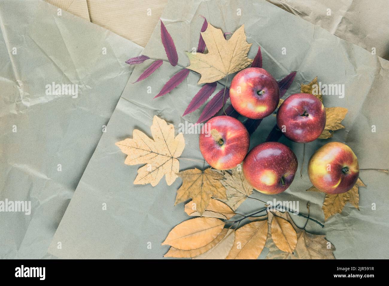 Packaging in kraft paper using autumn yellow leaves and apples. Autumn background. Top view, copy space. Stock Photo