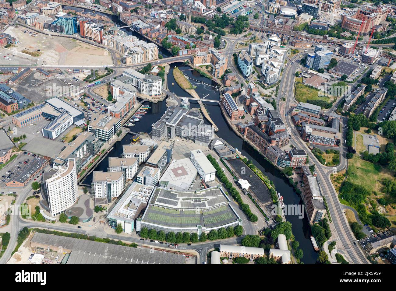An aerial photograph of Clarence Dock the Royal Armouries Museum, and