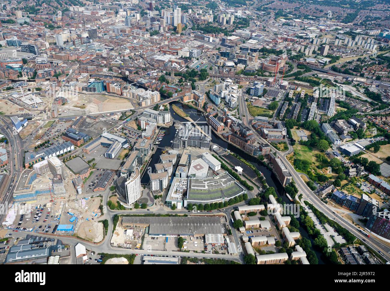 An aerial photograph of Clarence Dock the Royal Armouries Museum, and