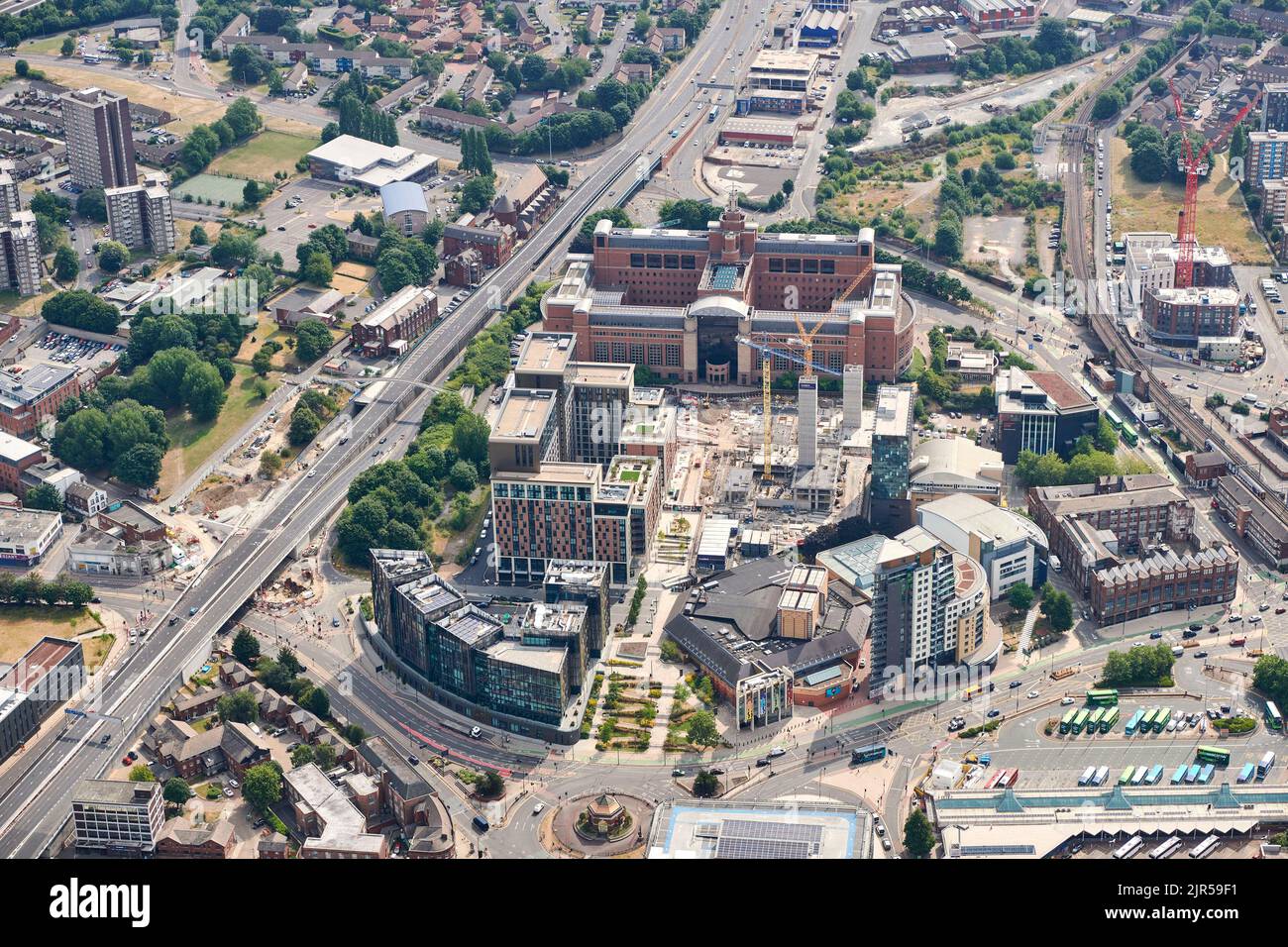 An aerial photograph of the Department of Health at Quarry House & Leeds College, Leeds City Centre, west  Yorkshire, Northern England, UK Stock Photo