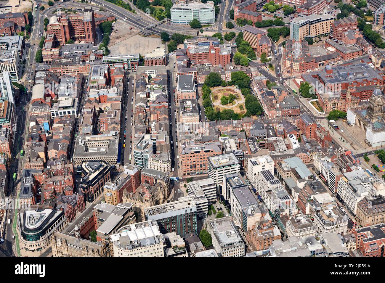 An aerial photograph of Leeds City Centre business area, west  Yorkshire, Northern England, UK Stock Photo