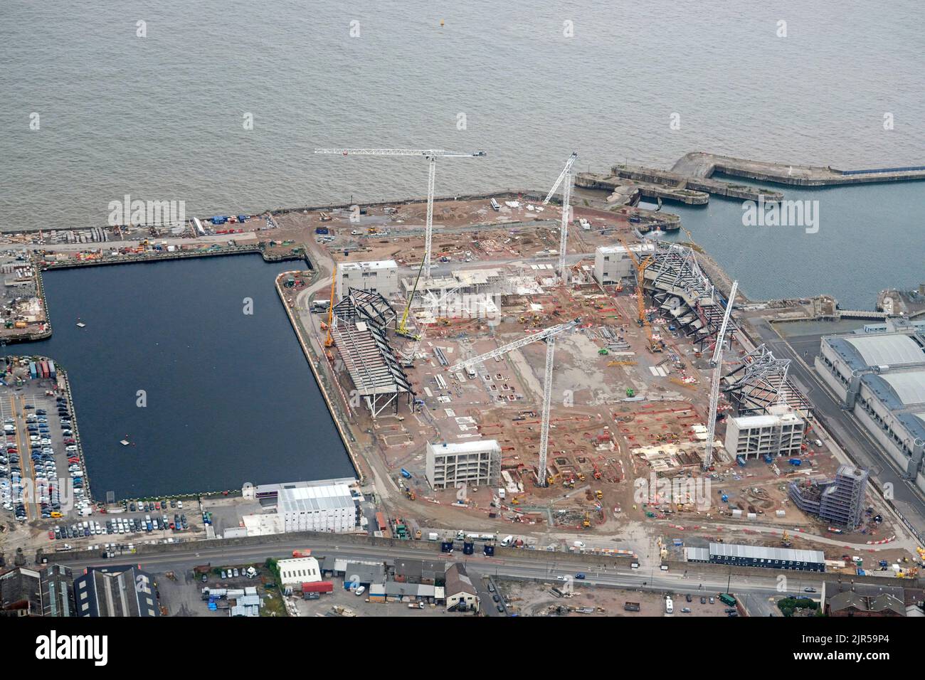 an aerial view of the new Everton Stadium under construction, Seaforth Docks, Merseyside, Liverpool, north west England Stock Photo