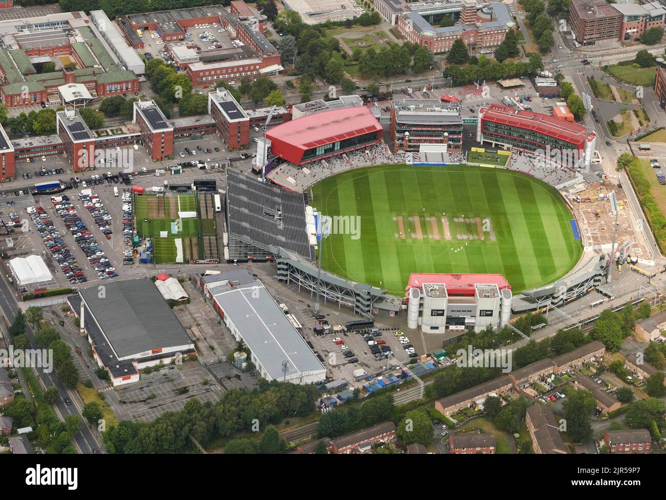 An aerial Photograph of Old Trafford cricket ground, home of Lancashire cricketing team, Manchester, north west England, UK Stock Photo