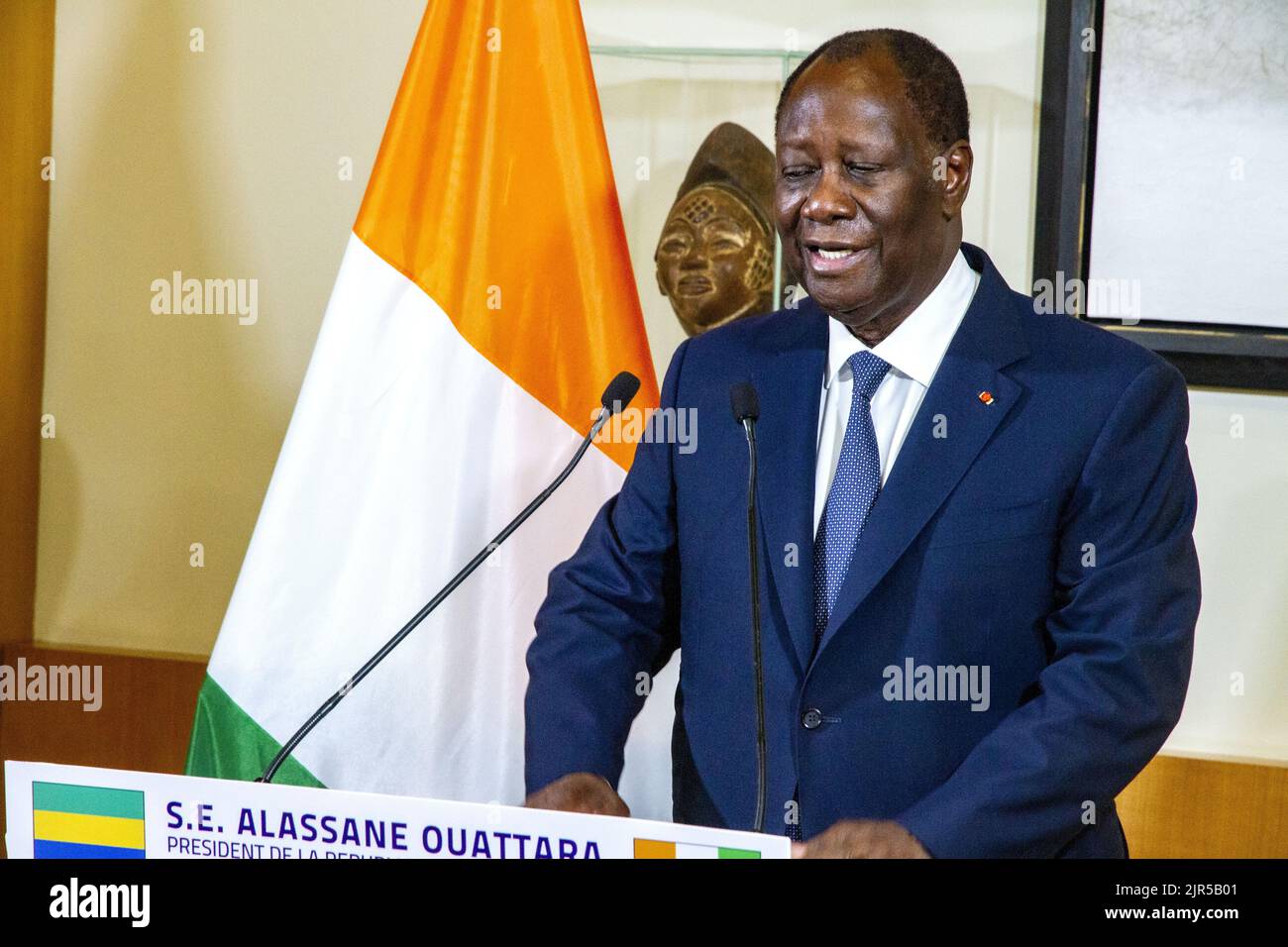 Ivorian President Alassane Ouattara during a press conference at the Gabonese presidency after his meeting with his Gabonese counterpart, Ali Bongo Ondimba on January 17, 2022. Stock Photo