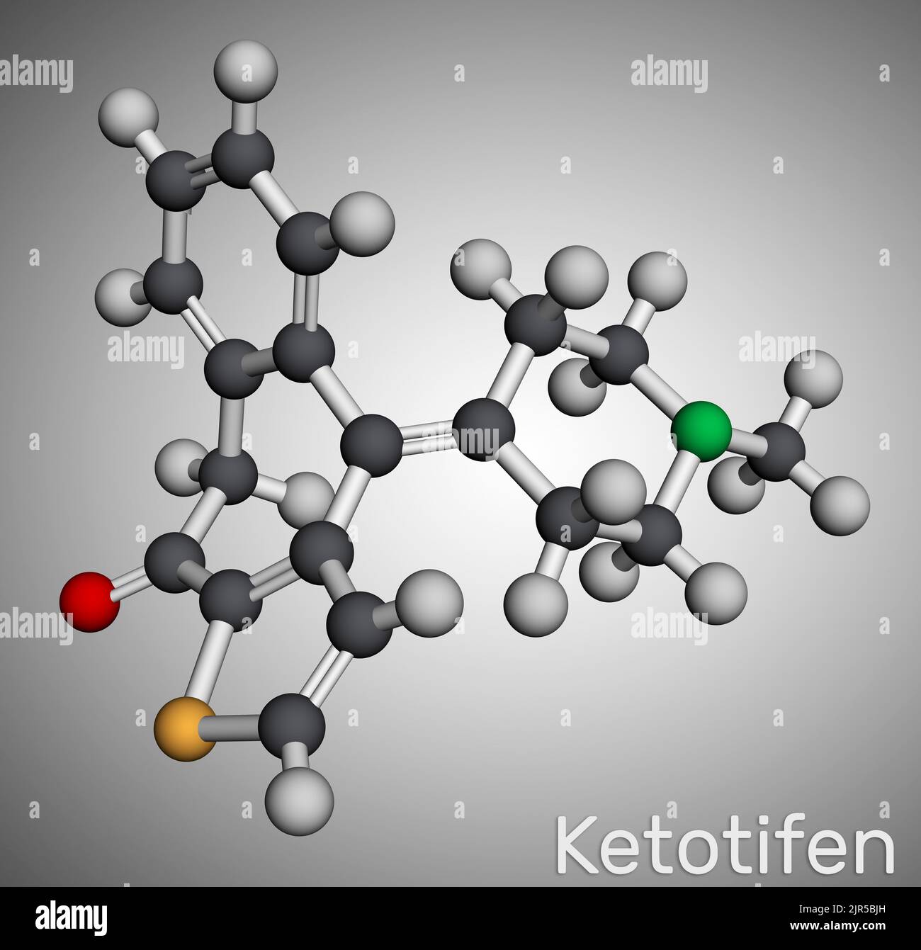 Ketotifen, histamine H1 receptor blocker molecule. It is used to treat atopic asthma, allergic conjunctivitis. Molecular model. 3D rendering. Illustra Stock Photo