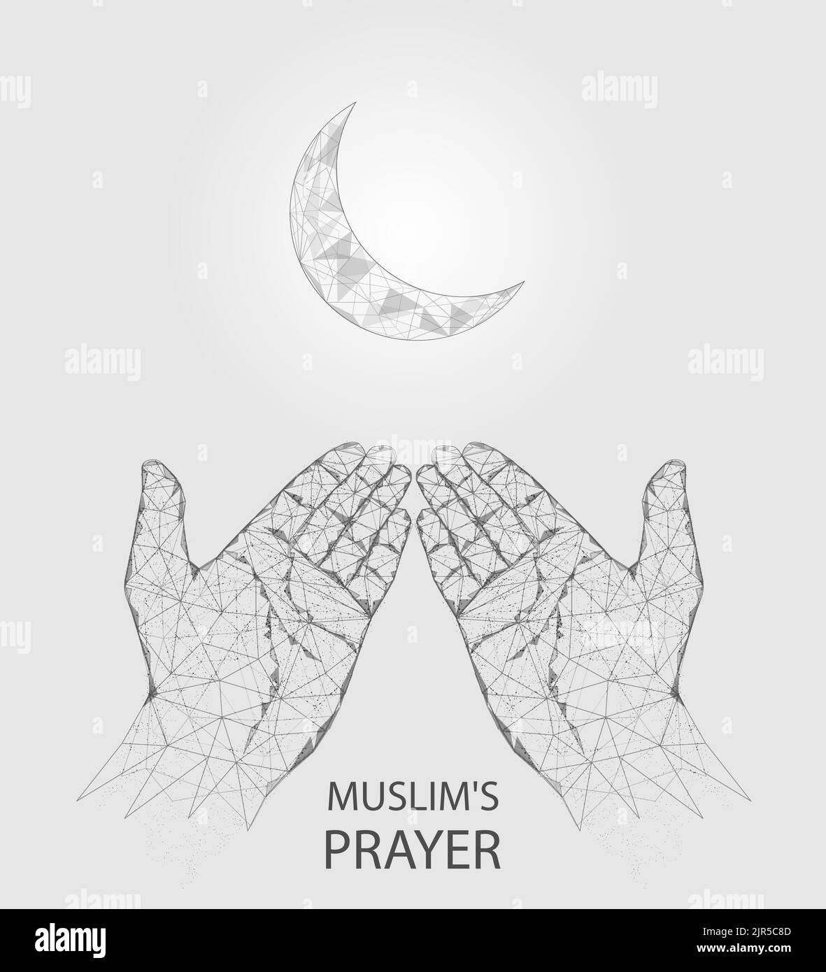 Vector polygonal art style muslim prayer hands with moon. Low poly