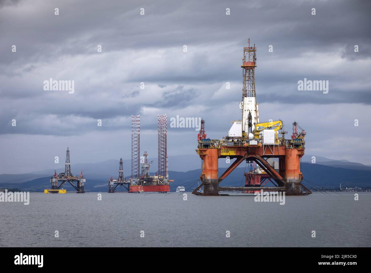 Drilling rigs moored at Nigg in the Cromarty Firth Stock Photo
