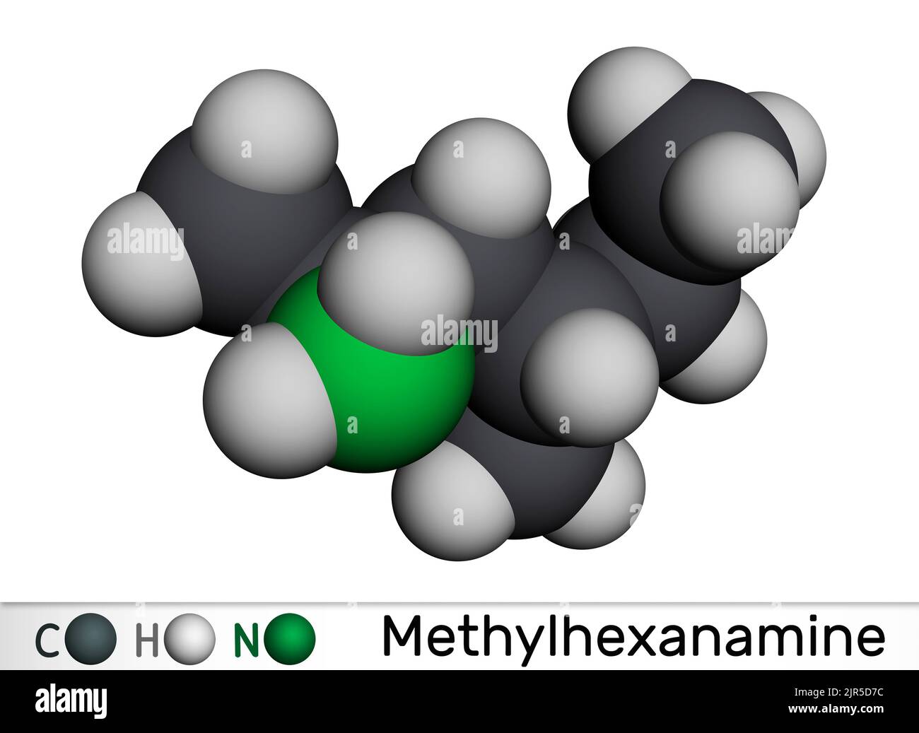 Methylhexanamine, methylhexamine, dimethylamylamine, DMAA molecule. It is alkylamine, indirect sympathomimetic drug. Molecular model. 3D rendering. Il Stock Photo