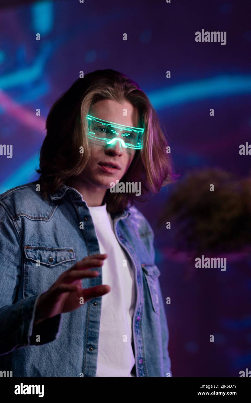 Metaverse digital cyber world technology, man with virtual reality VR