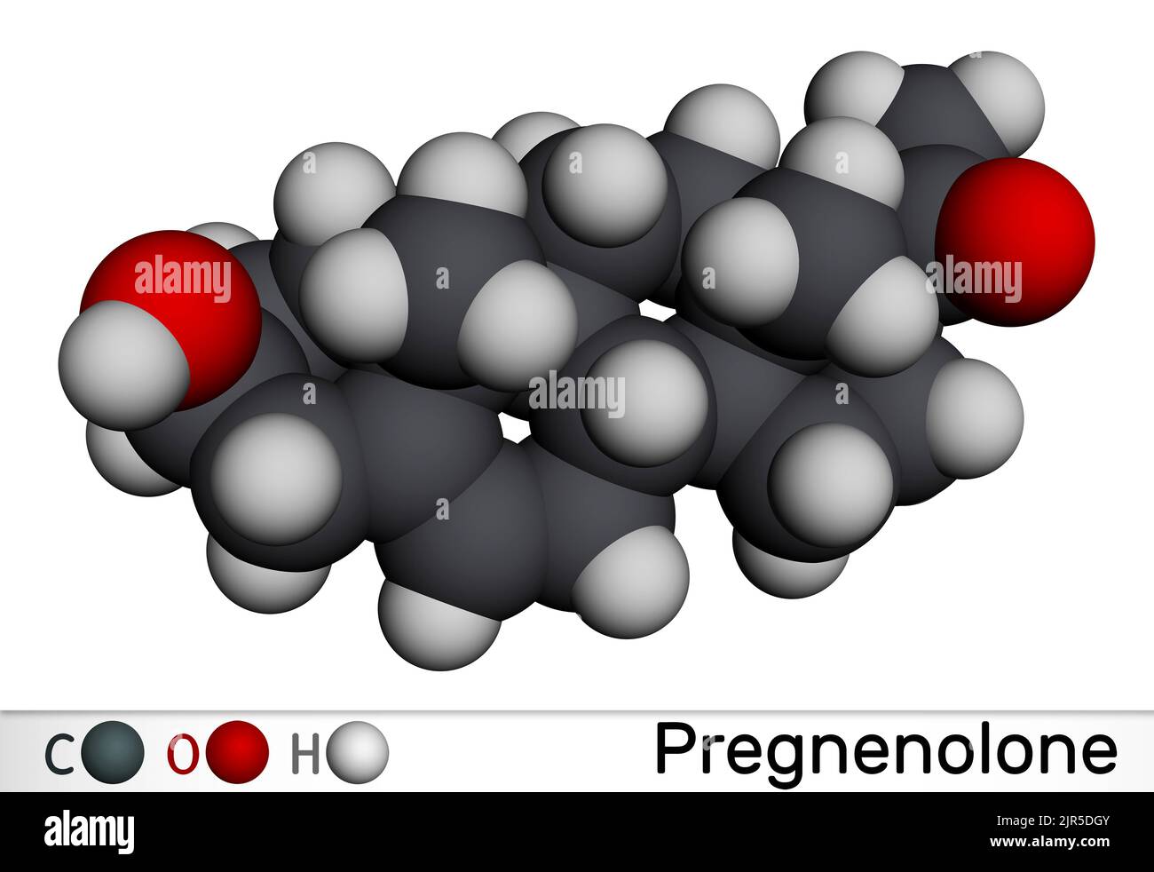 Pregnenolone, P5 molecule. It is natural product, neurosteroid, endogenous steroid hormone. Molecular model. 3D rendering. Illustration Stock Photo