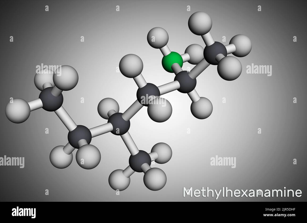 Methylhexanamine, methylhexamine, dimethylamylamine, DMAA molecule. It is alkylamine, indirect sympathomimetic drug. Molecular model. 3D rendering. Il Stock Photo