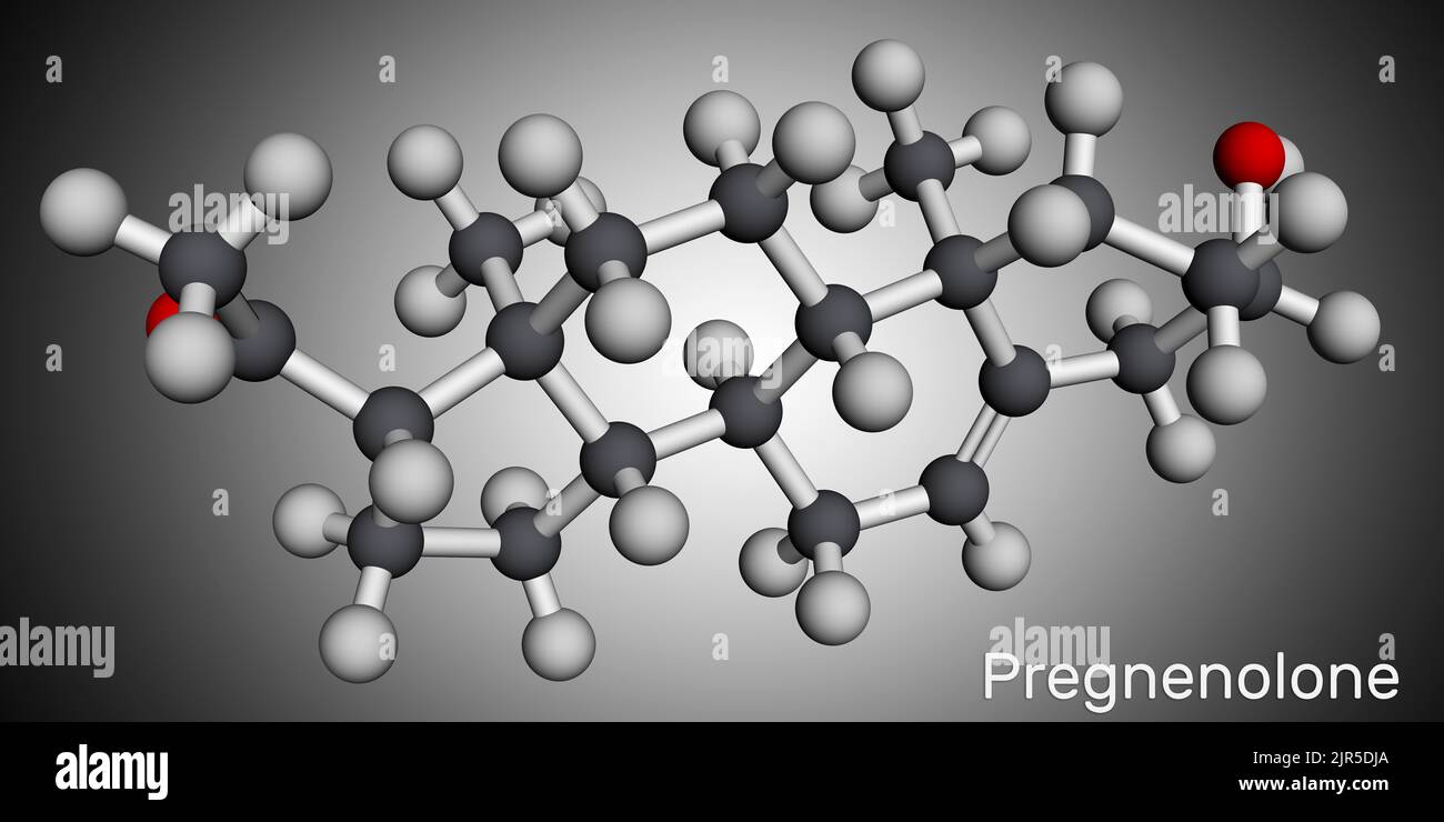 Pregnenolone, P5 molecule. It is natural product, neurosteroid, endogenous steroid hormone. Molecular model. 3D rendering. Illustration Stock Photo