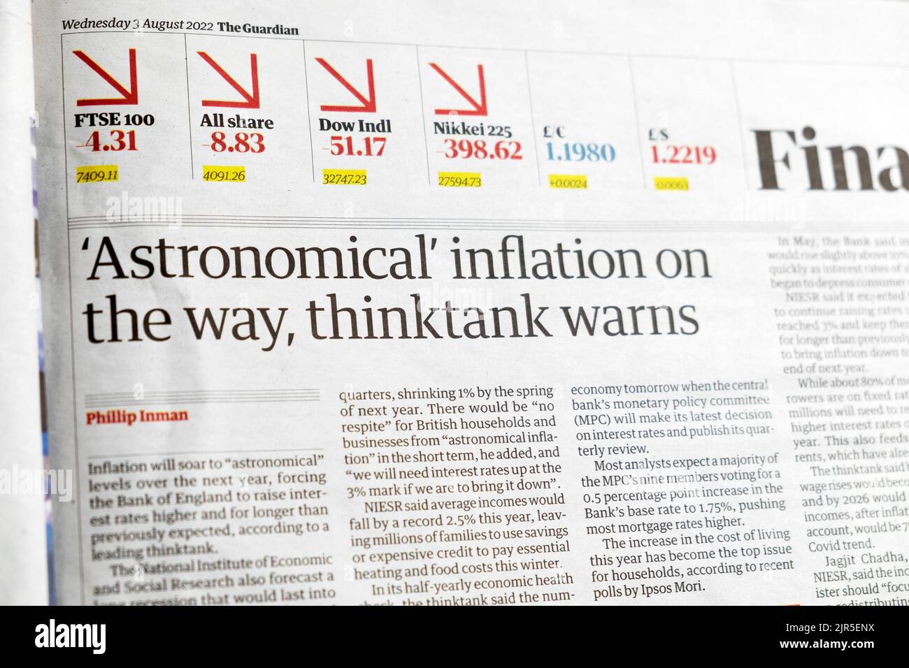 'Astronomical' inflation on the way, thinktank warns' Guardian newspaper headline Financial section British economy article 3 August 2022 London UK Stock Photo
