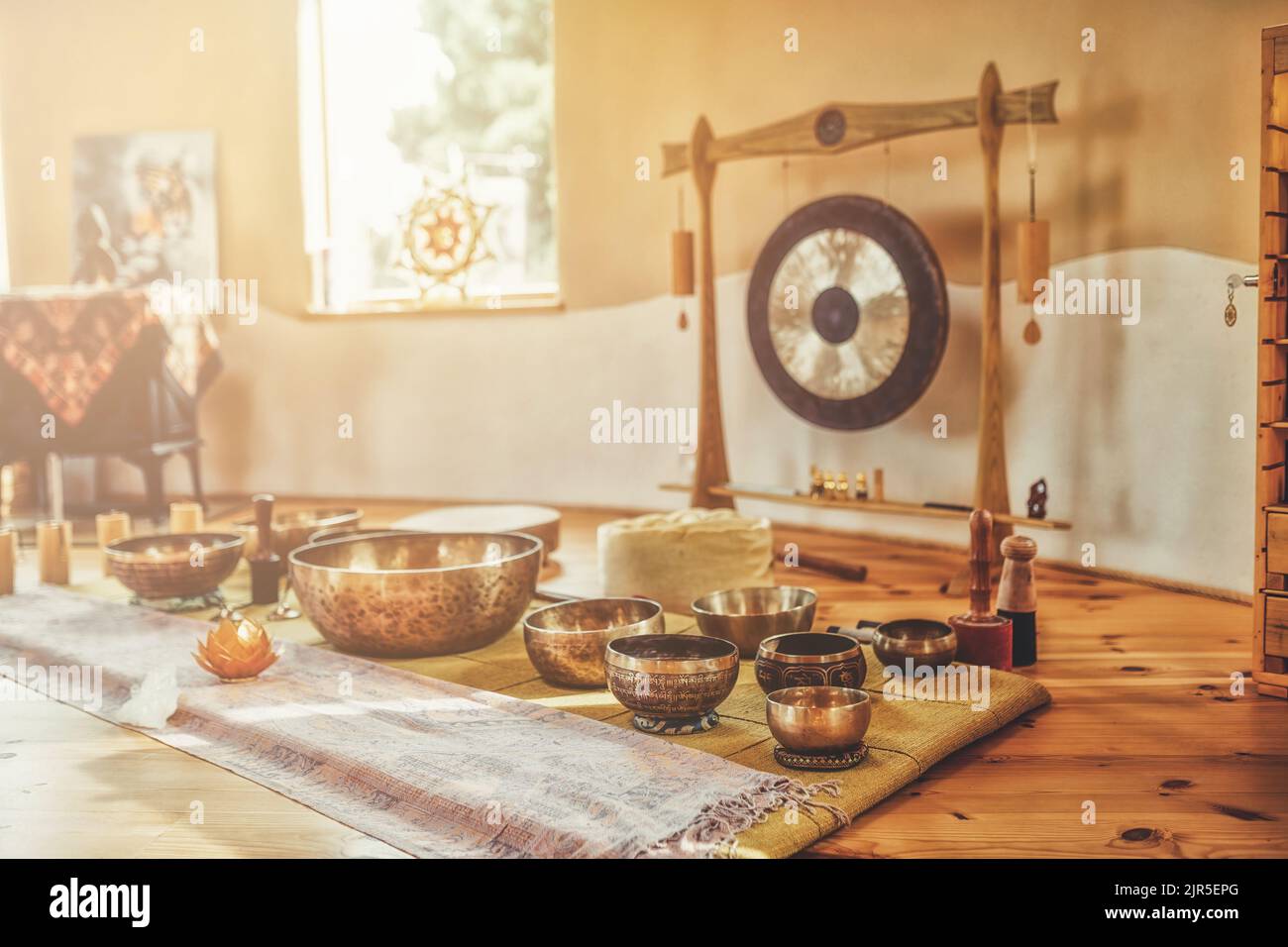 beautiful tibetan bowl and gong , ceremonial space Stock Photo Alamy