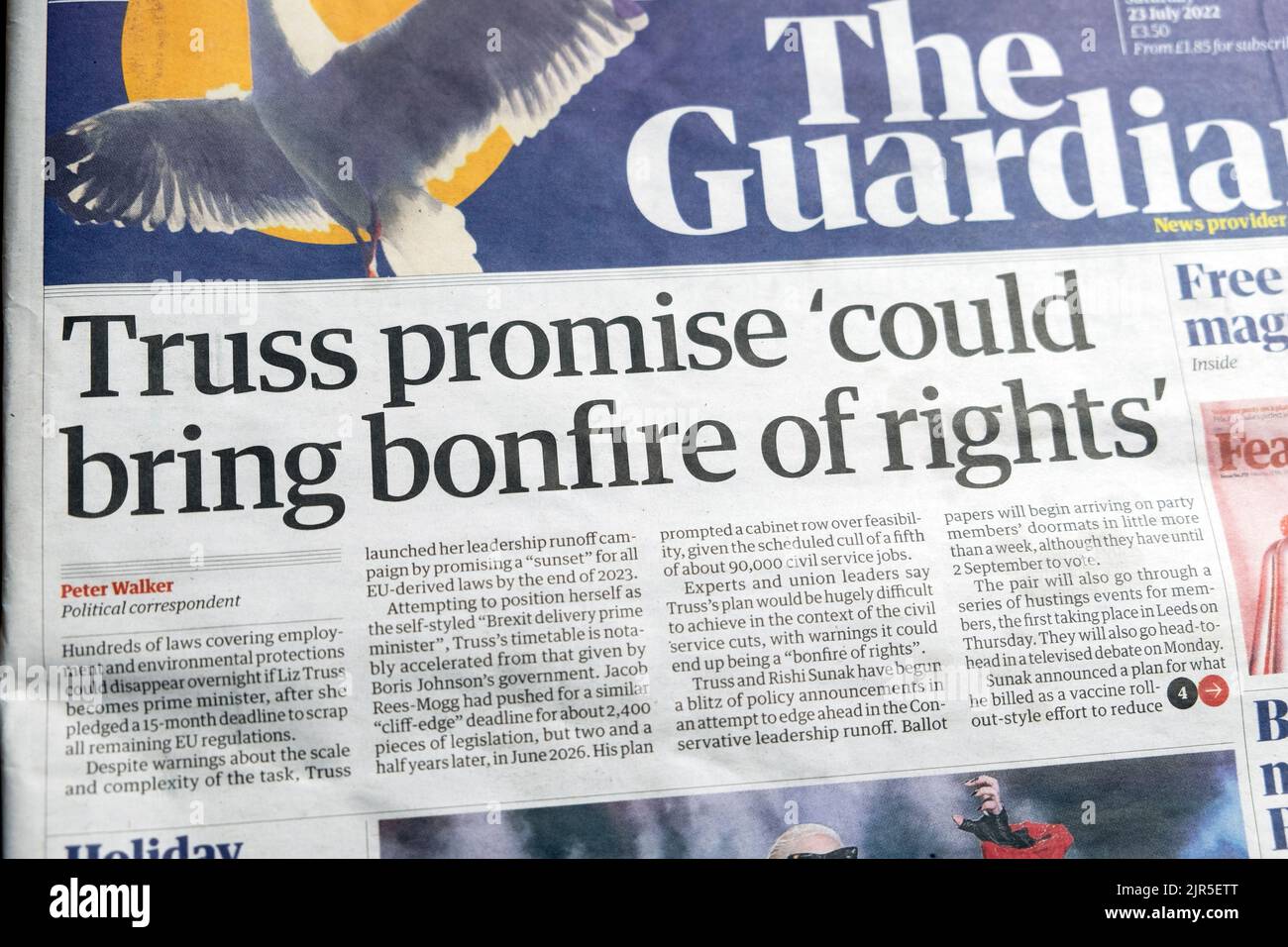 Liz 'Truss promise 'could bring bonfire of rights' Guardian newspaper headline front page EU regulations article 23 July 2022 London UK Great Britain Stock Photo
