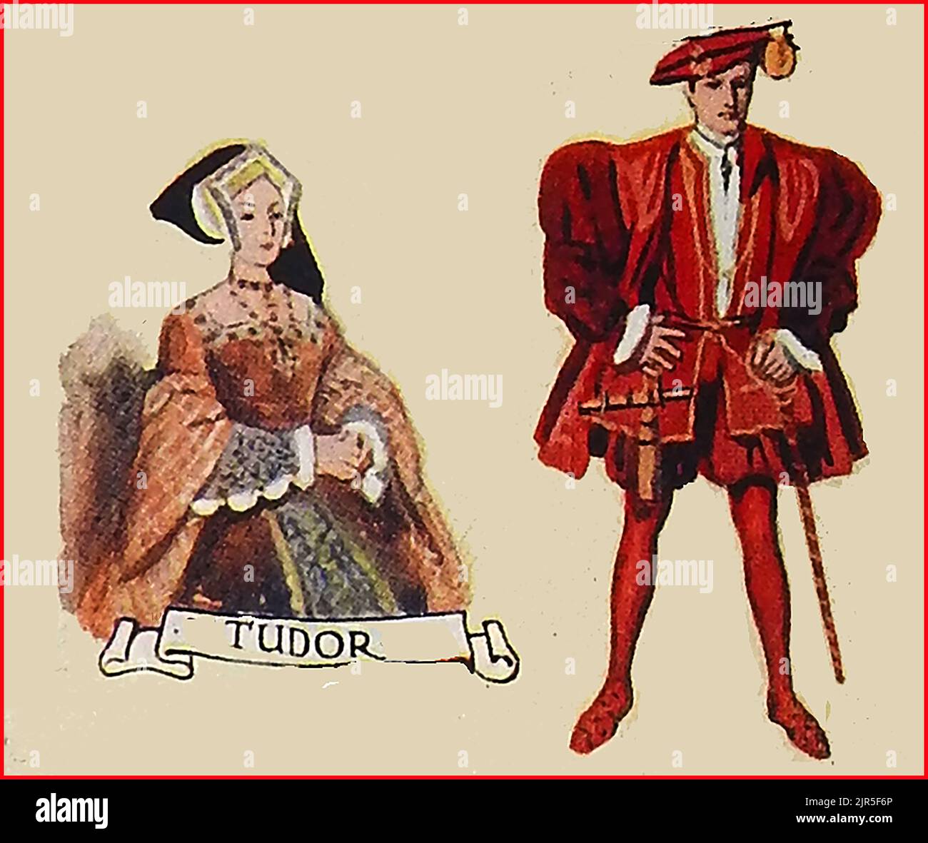 FASHIONS IN BRITAIN - An old coloured image showing typical clothing in Tudor times. Stock Photo