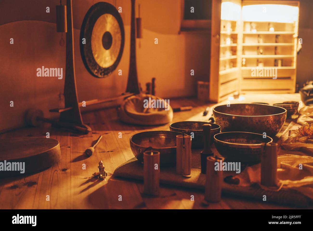 beautiful tibetan bowl and gong , ceremonial space Stock Photo Alamy