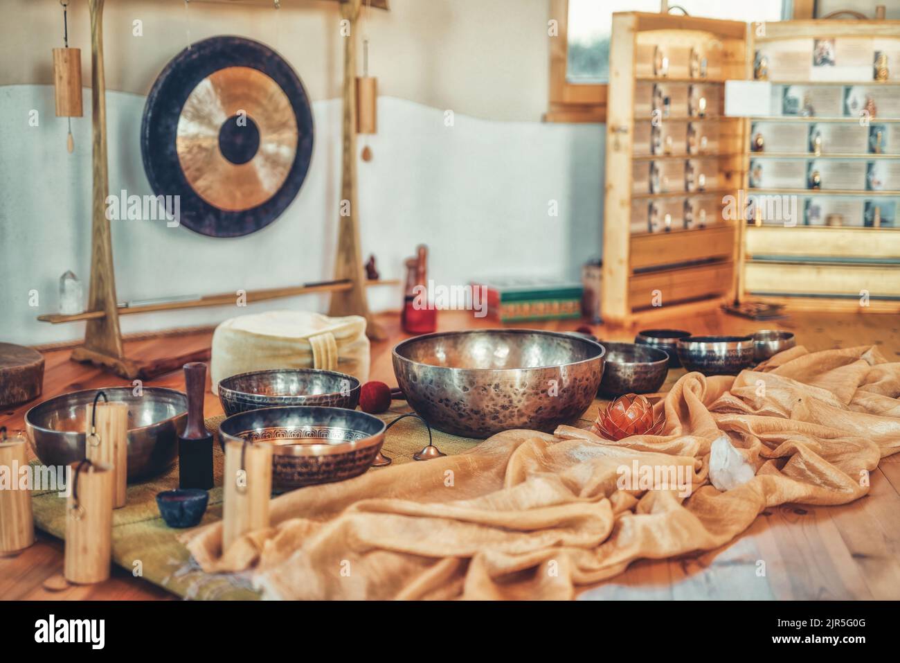 beautiful tibetan bowl and gong , ceremonial space Stock Photo Alamy