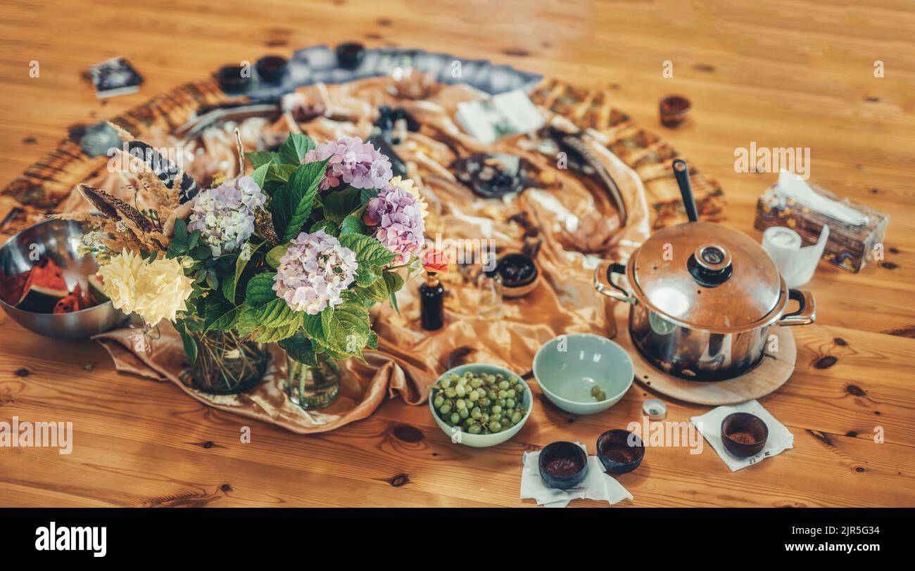 Cacao ceremony space, heart opening medicine. Stock Photo