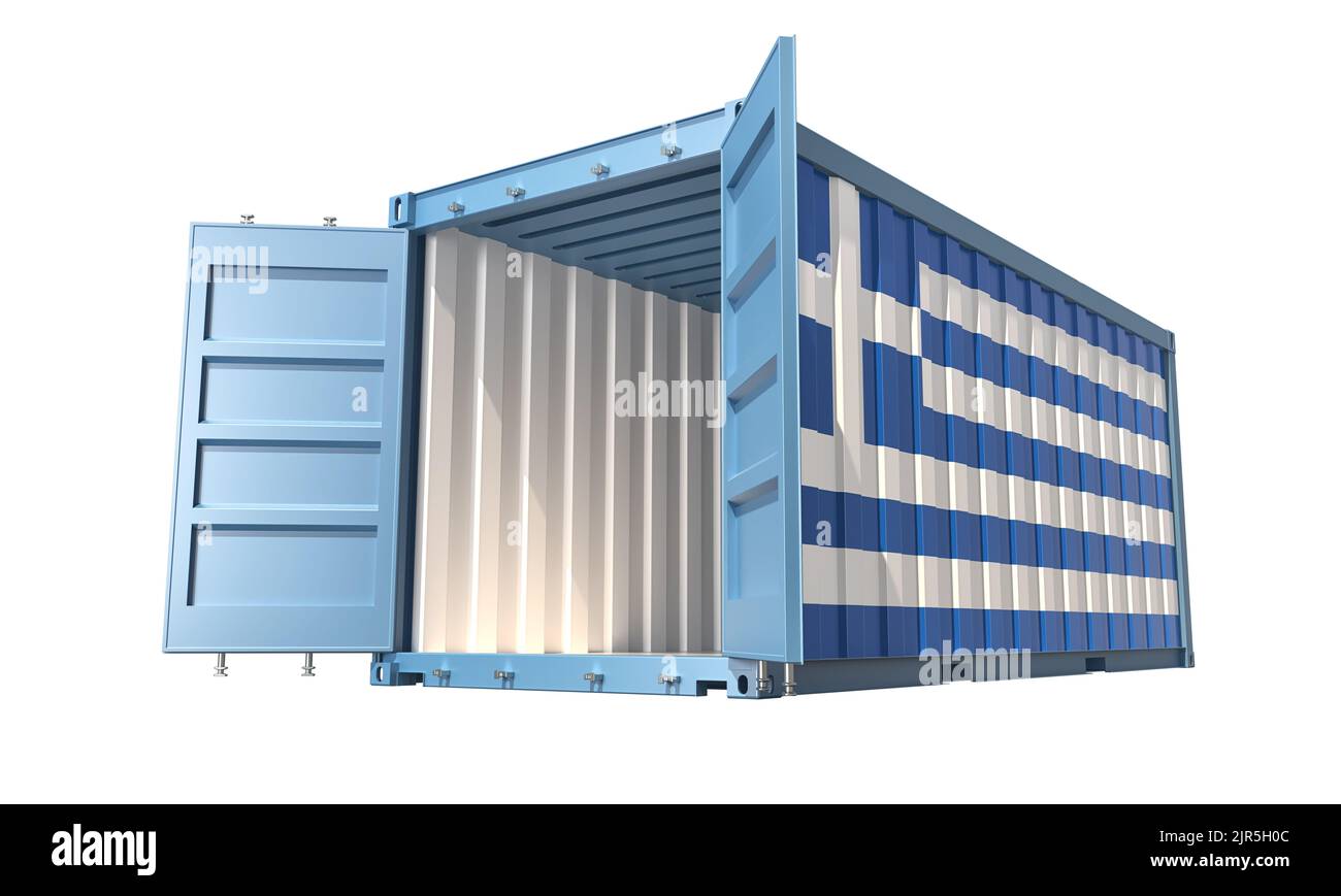 Cargo Container with open doors and Greek national flag design. 3D Rendering Stock Photo