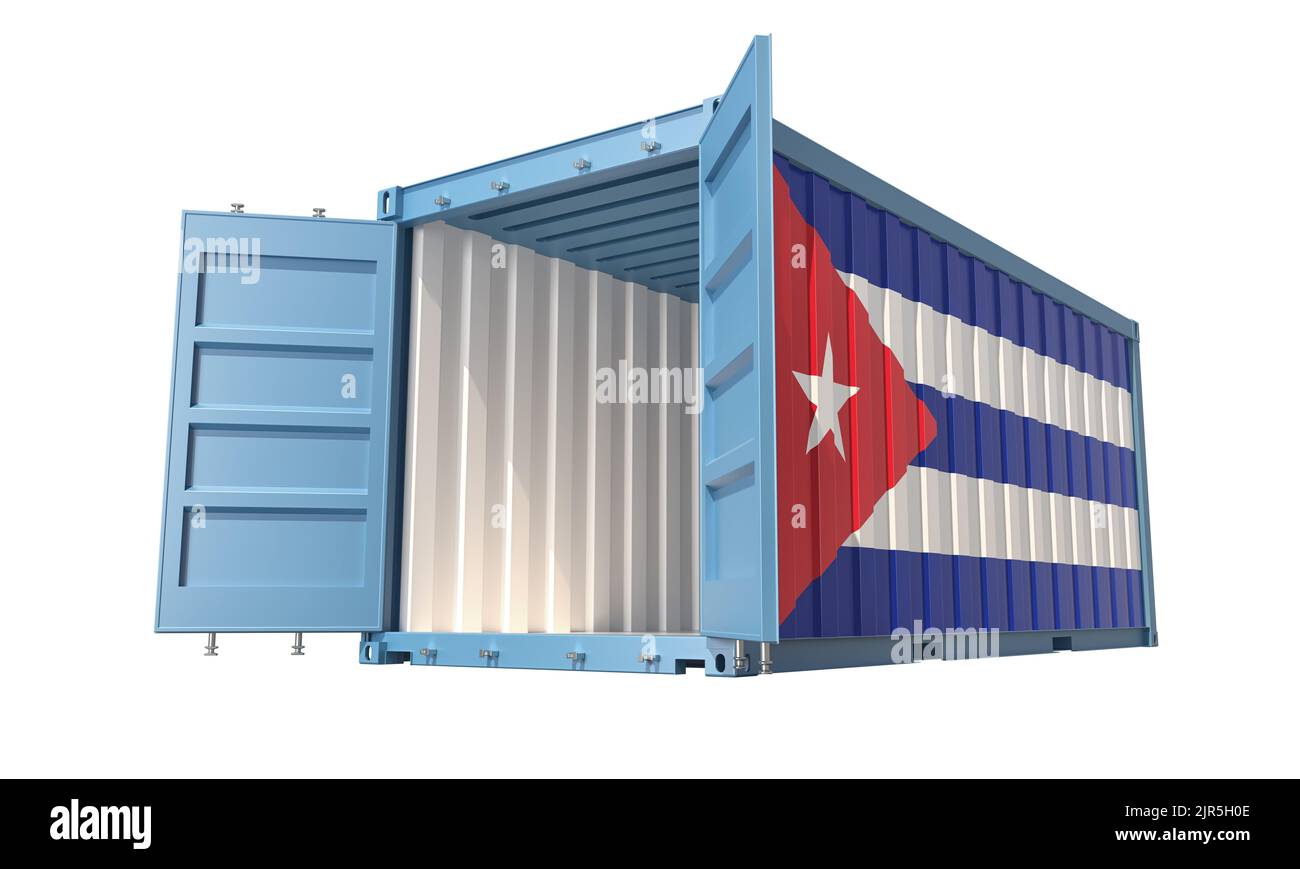Cargo Container with open doors and Cuba national flag design. 3D Rendering Stock Photo