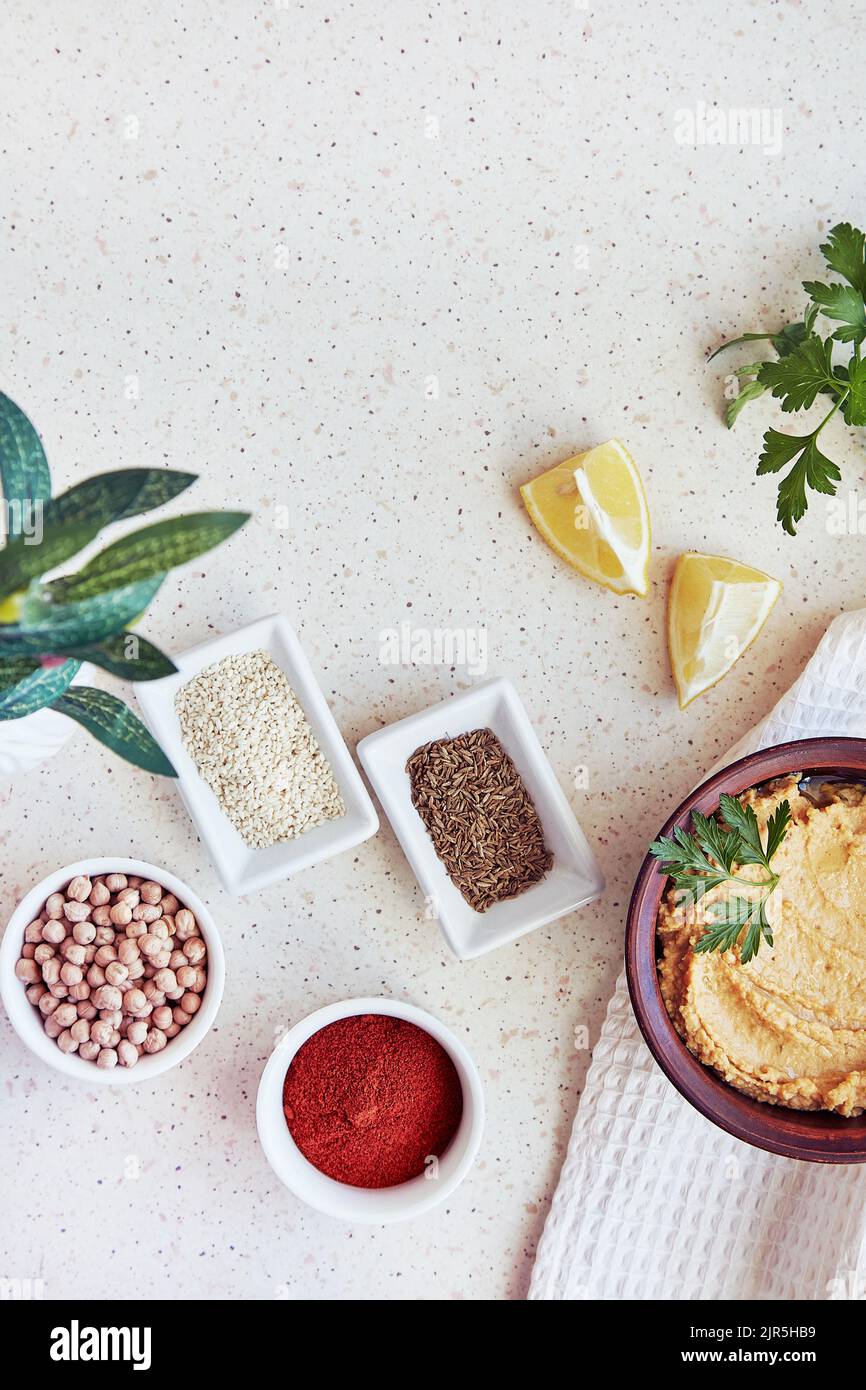 Hummus spread cooked, smashed chickpeas, tahini, olive oil, garlic