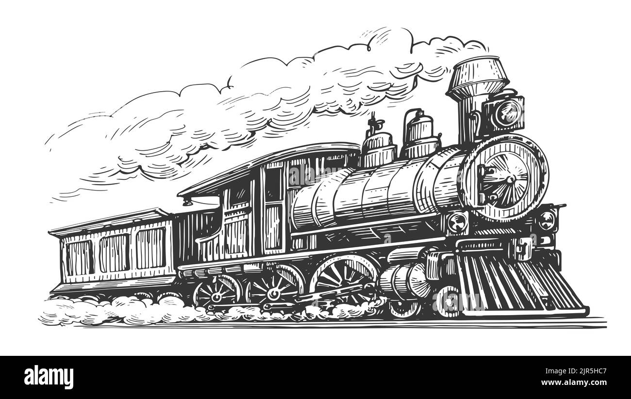 Moving retro steam locomotive. Train, vintage transport illustration isolated on white background Stock Photo