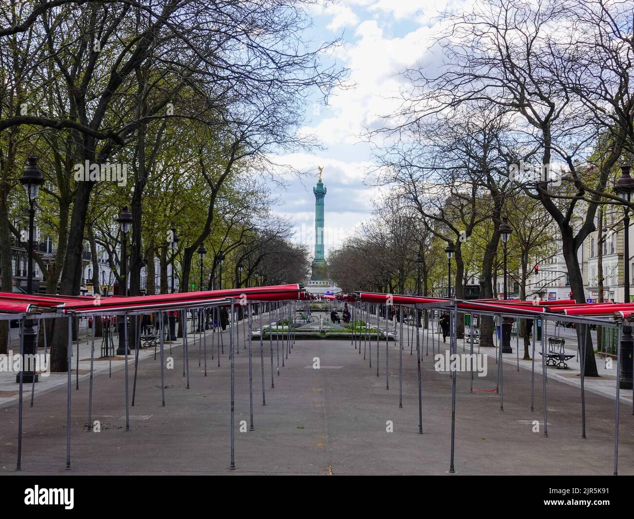 Empty market area on a non-market day with July Column in the background at Place Bastille, Paris, France. Stock Photo