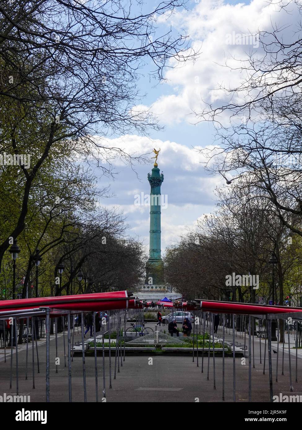 Empty market area on a non-market day with July Column in the background at Place Bastille, Paris, France. Stock Photo