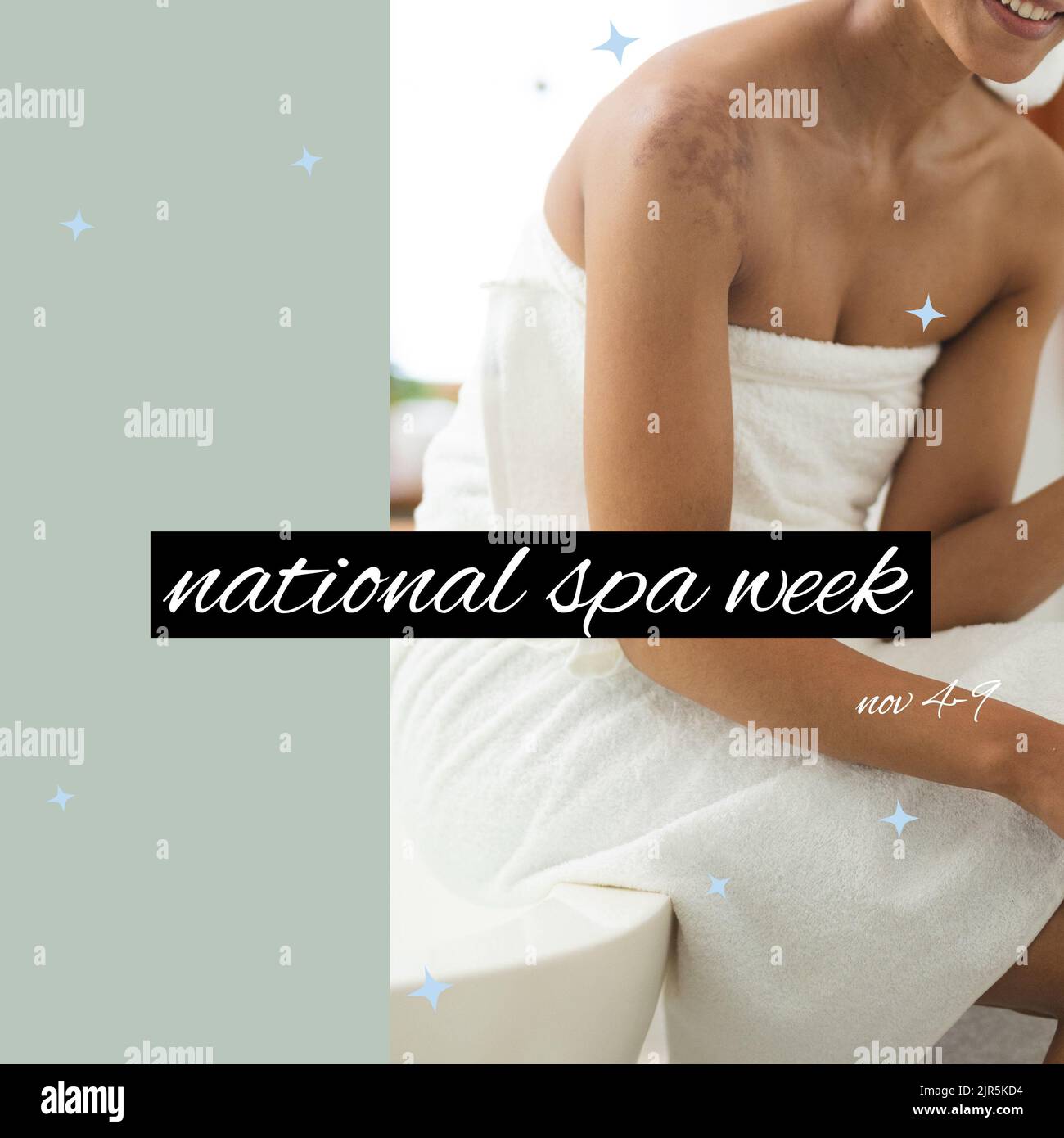 Composition of national spa week text over biracial woman taking bath