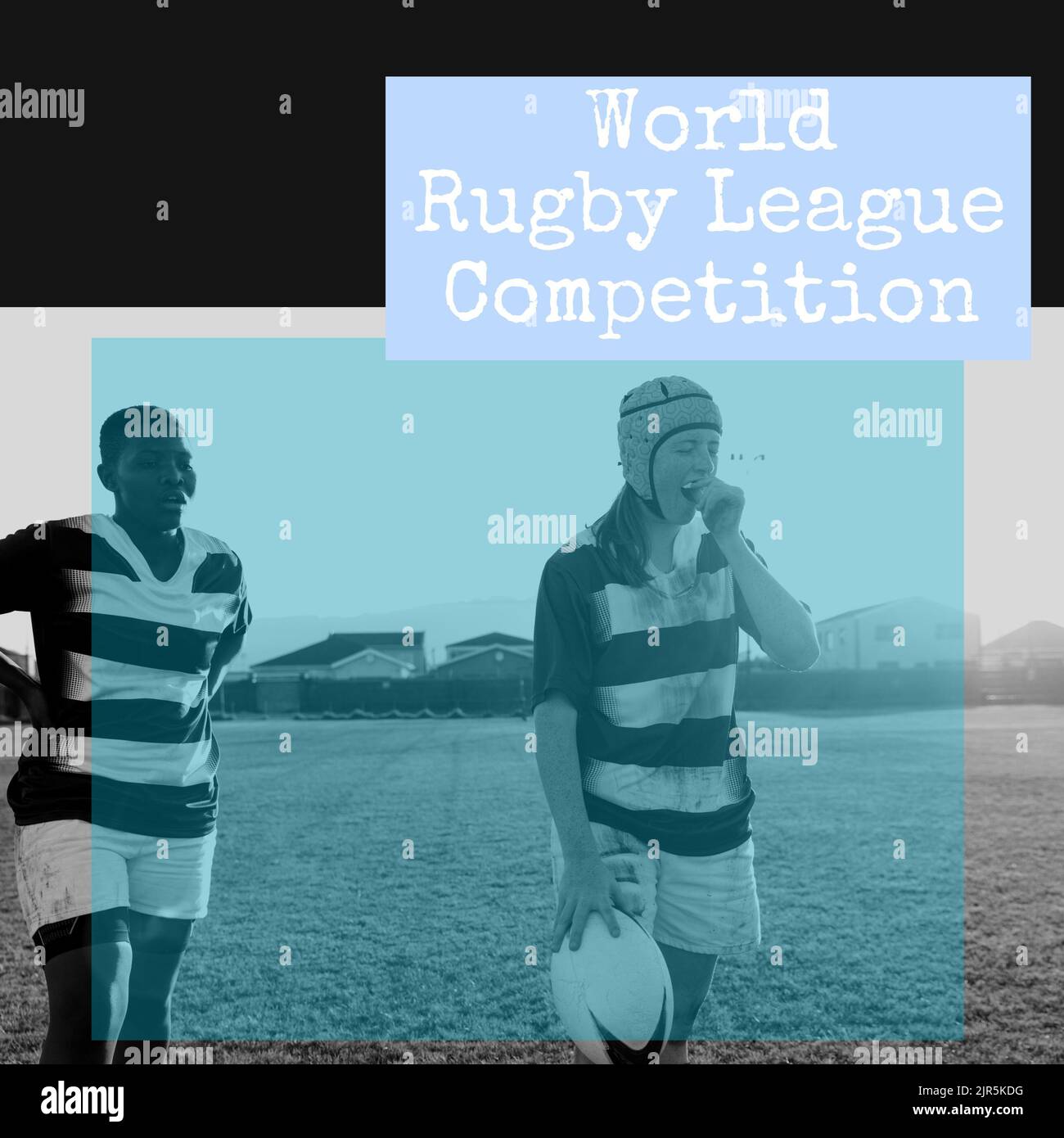 Composition of rugby league competition text over diverse female rugby