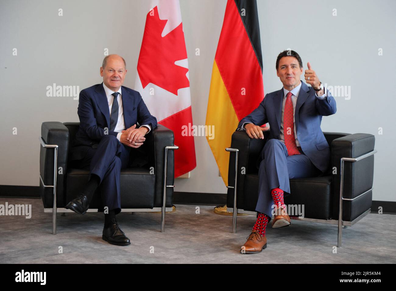Germany's Chancellor Olaf Scholz meets with Canada's Prime Minister Justin Trudeau at the Montreal Science Centre in Montreal, Quebec, Canada August 22, 2022.  REUTERS/Christinne Muschi Stock Photo
