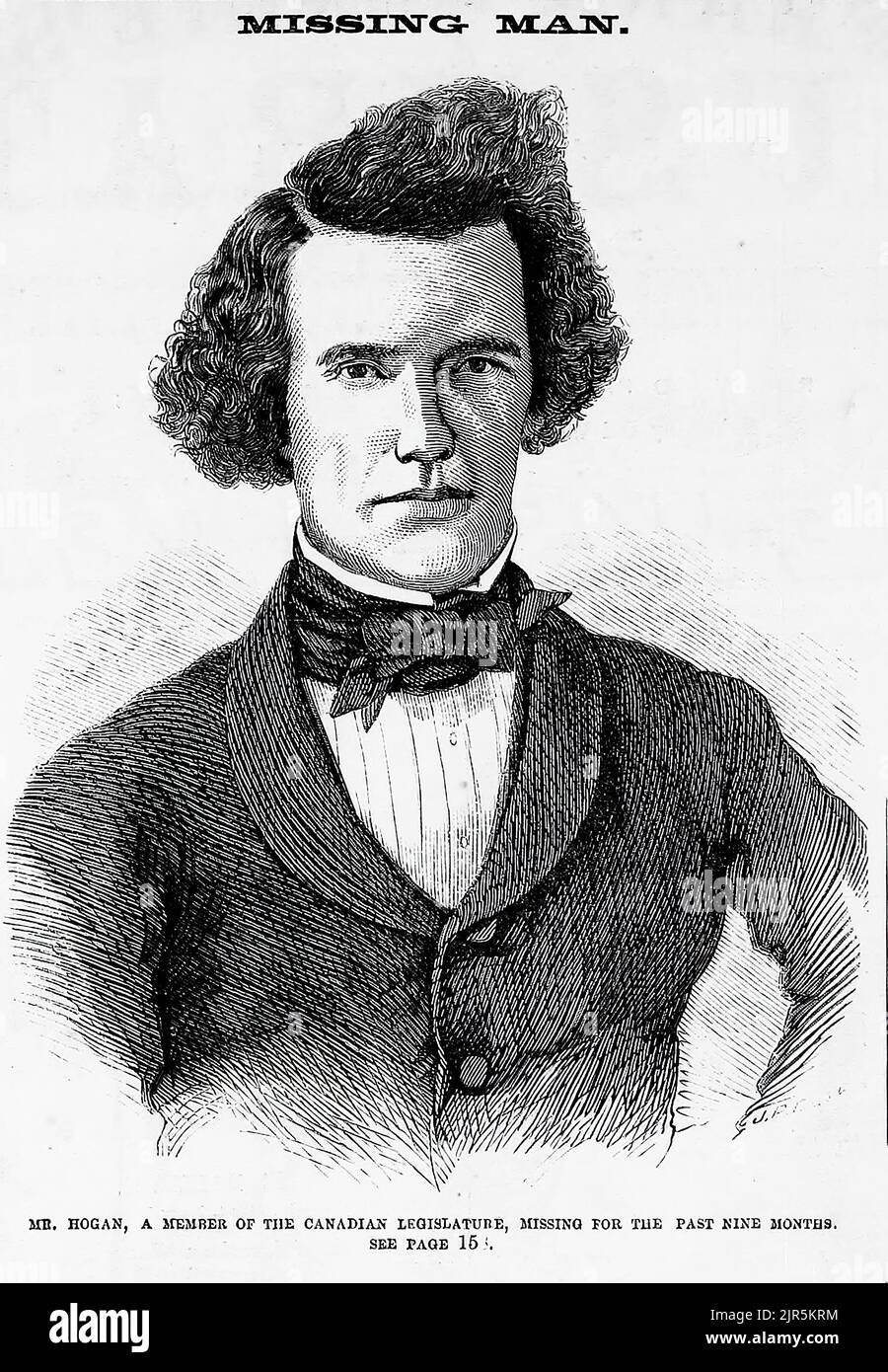 Portrait of John Sheridan Hogan, a member of the Canadian Legislature, missing for the past nine months. July 1860. 19th century illustration from Frank Leslie's Illustrated Newspaper Stock Photo