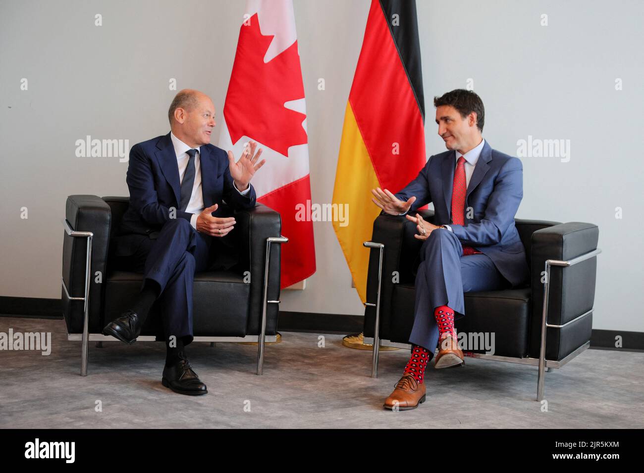 Germany's Chancellor Olaf Scholz meets with Canada's Prime Minister Justin Trudeau at the Montreal Science Centre in Montreal, Quebec, Canada August 22, 2022.  REUTERS/Christinne Muschi Stock Photo