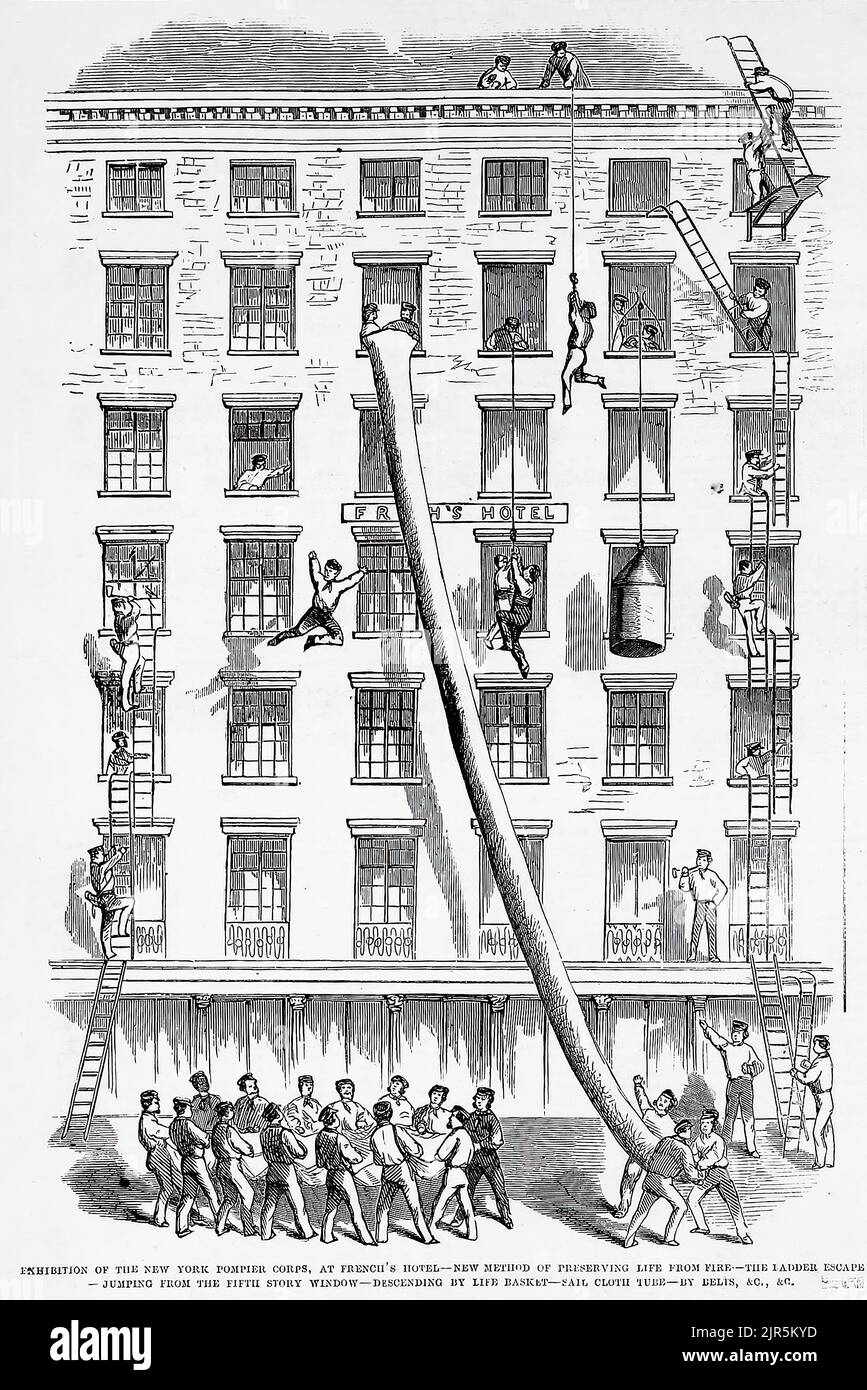 Exhibition of the New York German Fire Corps, or Pompier Corps, at French's Hotel - New method of preserving life from fire - The ladder escape - Jumping from the fifth story window - Descending by life basket - Sail cloth tube - By belts, etc. July 10th, 1860. 19th century illustration from Frank Leslie's Illustrated Newspaper Stock Photo