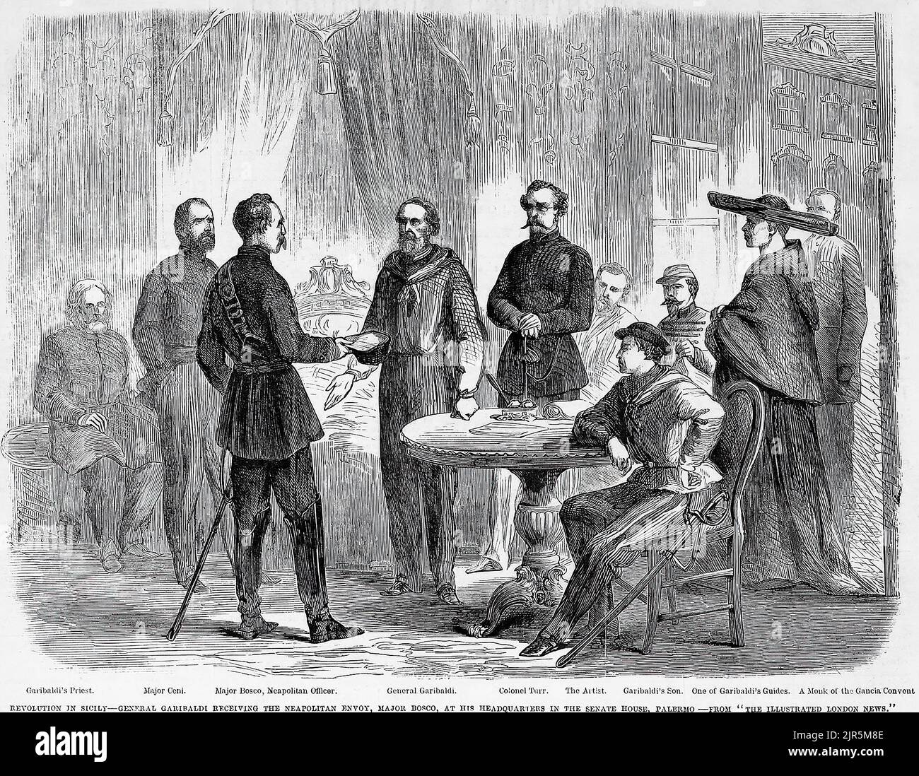 Revolution in Italy - General Giuseppe Garibaldi receiving the Neapolitan envoy, Major Bosco, at his headquarters in the Senate House, Palermo (1860). Expedition of the Thousand. 19th century illustration from Frank Leslie's Illustrated Newspaper Stock Photo