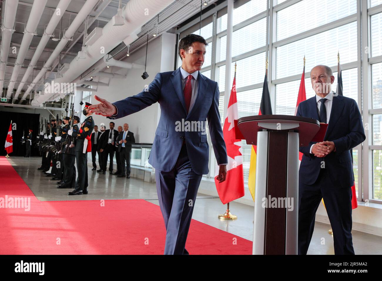 Canada's Prime Minister Justin Trudeau welcomes Germany's Chancellor Olaf Scholz at the Montreal Science Centre in Montreal, Quebec, Canada August 22, 2022.  REUTERS/Christinne Muschi Stock Photo