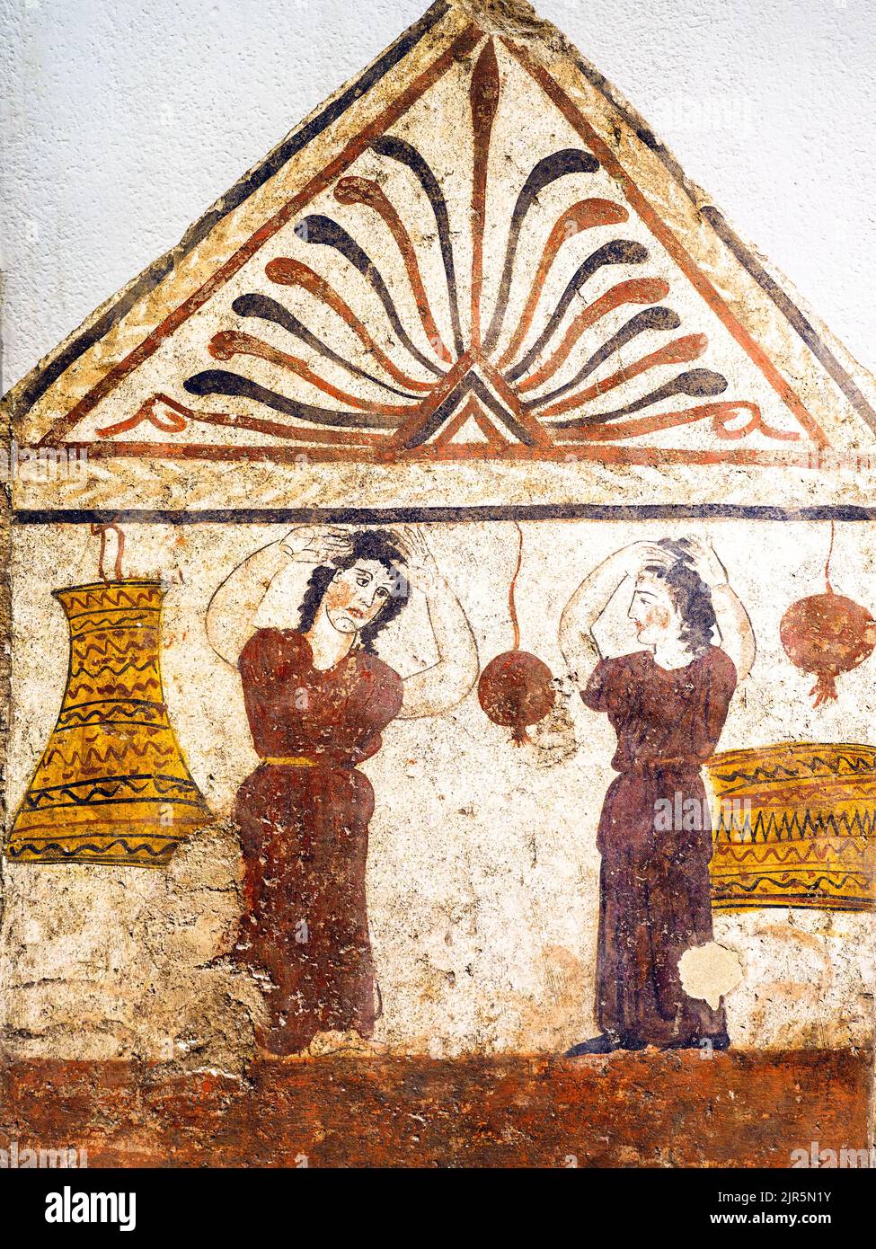 Fresco depicting weeping mourners  Laghetto, Tomb X - Western slab  (350 BC) - Archaeological Area of Paestum - Salerno, Italy Stock Photo