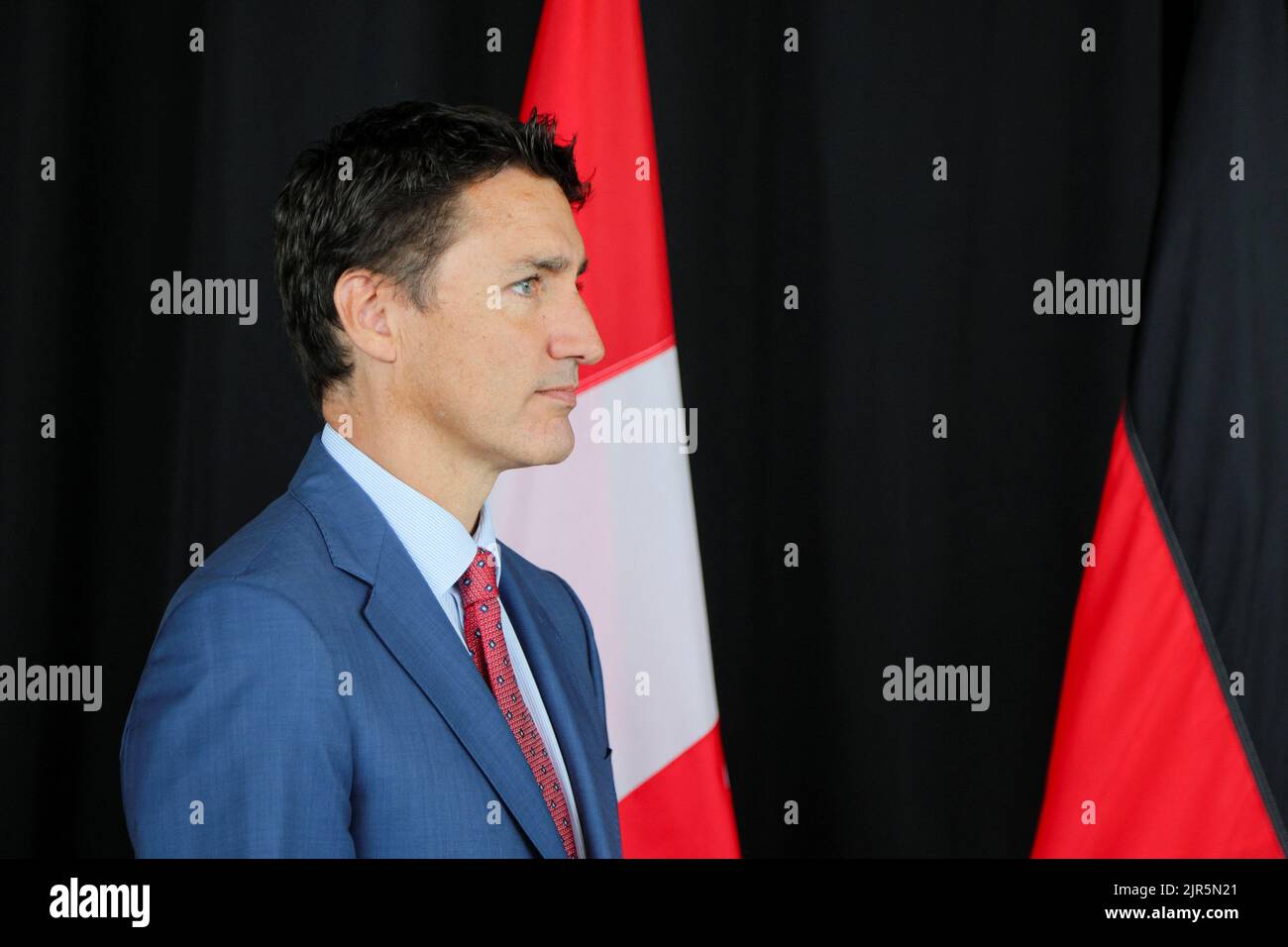 Canada's Prime Minister Justin Trudeau looks on during his meeting with Germany's Chancellor Olaf Scholz at the Montreal Science Centre in Montreal, Quebec, Canada August 22, 2022.  REUTERS/Christinne Muschi Stock Photo