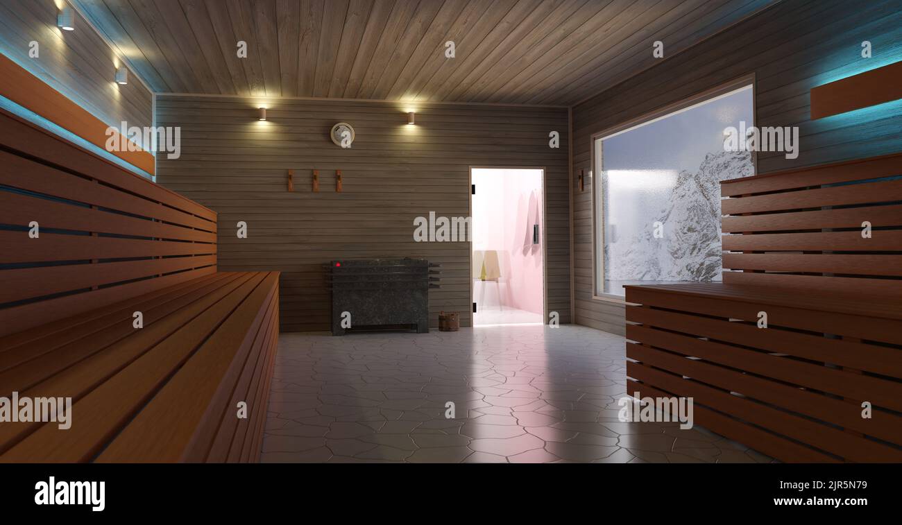 A modern sauna room with lovely view, 3D illustration Stock Photo
