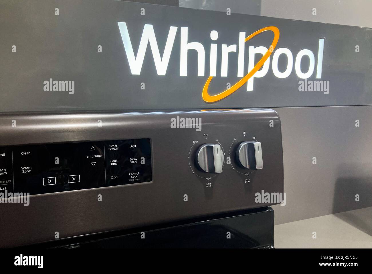 HUDSON, WI, USA - AUGUST 11, 2022: Whirlpool retail store appliance display and trademark logo. Stock Photo