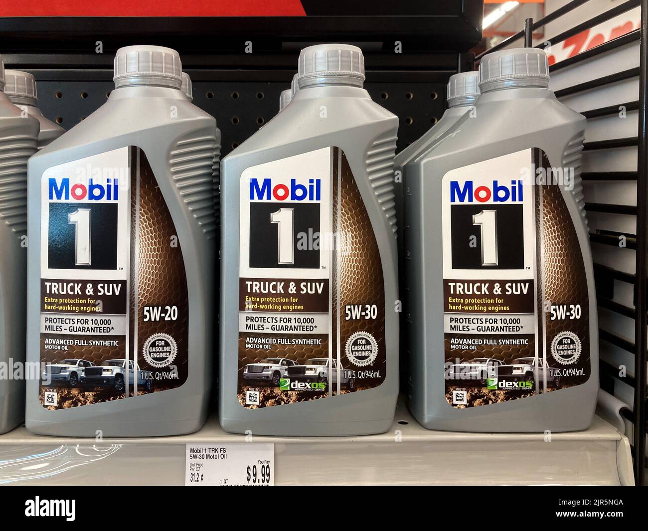 HUDSON, WI, USA - AUGUST 12, 2022: Mobil 1 motor oil display and trademark logo. Stock Photo