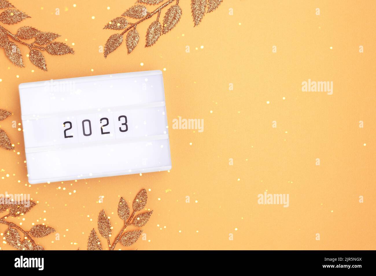 New 2023 Year composition. Lightbox and glittering branches on a golden background with place for text. Stock Photo