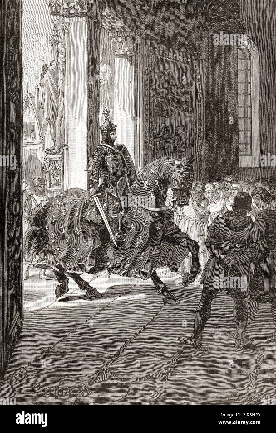 Philip IV of France enters Notre Dame on horseback to thank God for having escaped during the Battle of the Golden Spurs against the Flemish in 1302.  Philip was victorious in the overall Franco-Flemish War and donated his equestrian effigy to Notre Dame.  Philip IV, 1268 – 1314, called Philip the Fair.  King of France, 1285 - 1314 and King of Navarre as Philip I through his marriage to Joan I of Navarre.  From Histoire de France, published 1855. Stock Photo
