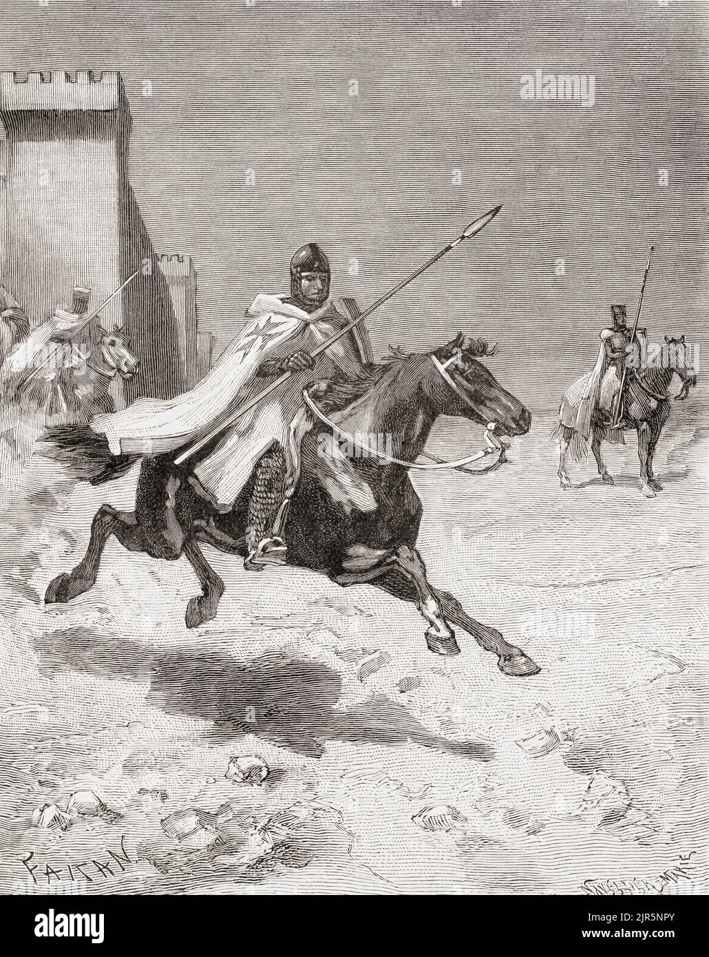 Knights Templars riding into battle.  From Histoire de France, published 1855. Stock Photo